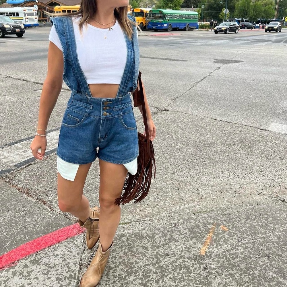 sundays Blue Denim High-Rise Overall Shorts